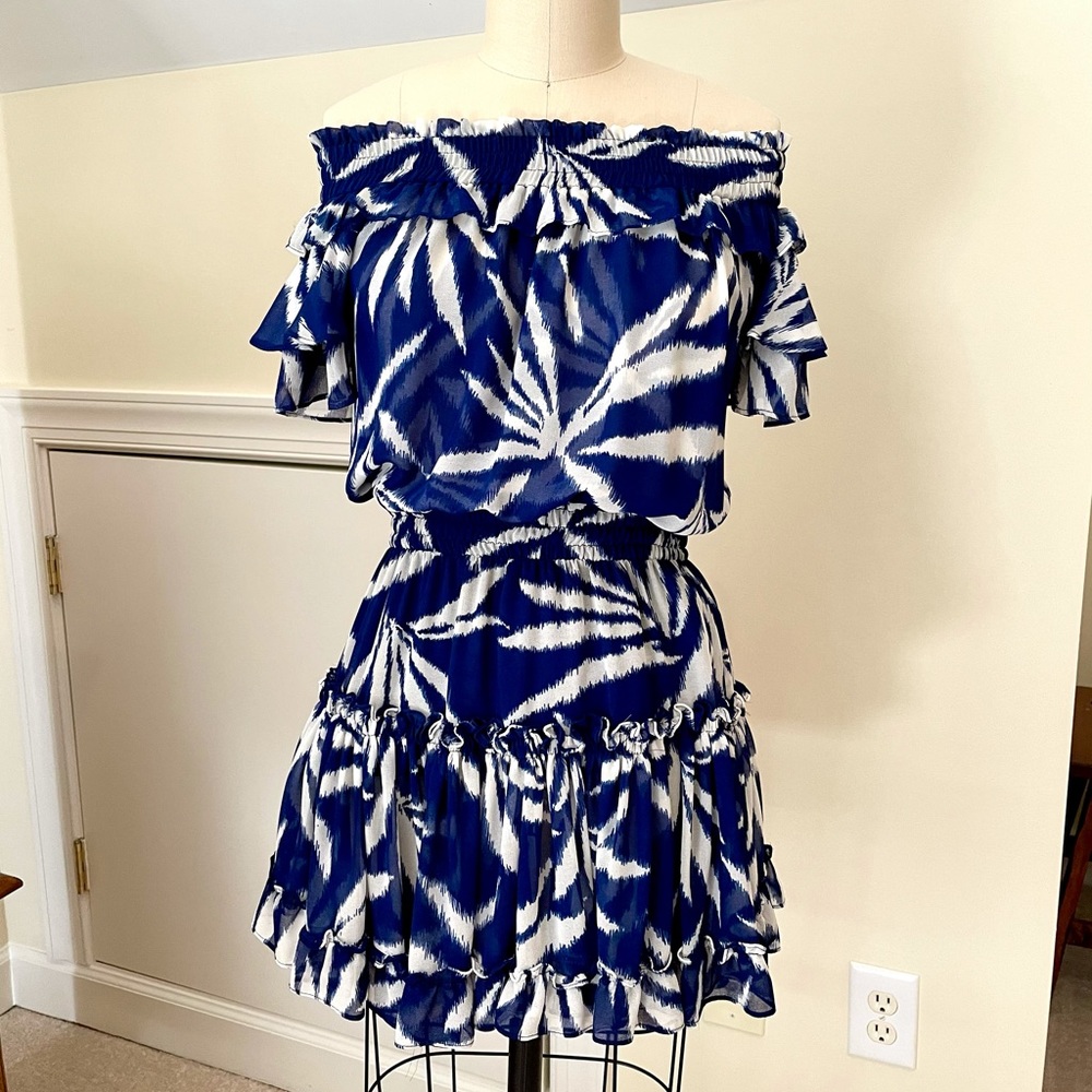 MISA Blue Palm Off-the-shoulder Dress